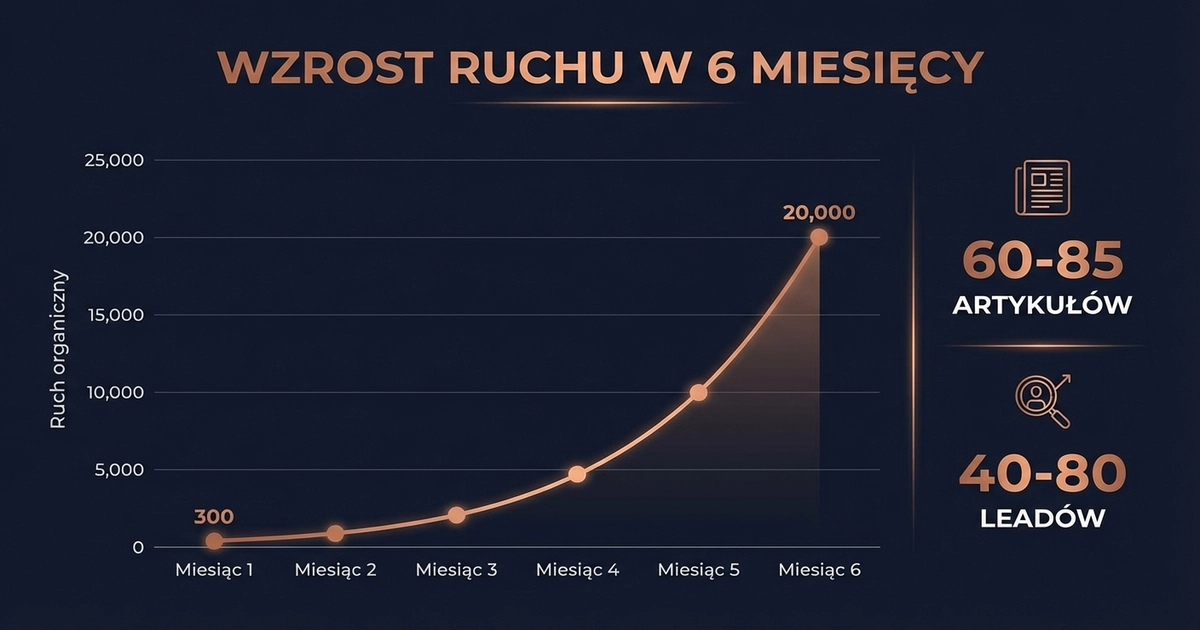 Wykres wzrostu ruchu organicznego dzięki AI content marketingowi — od 300 do 20 000 wizyt w 6 miesięcy