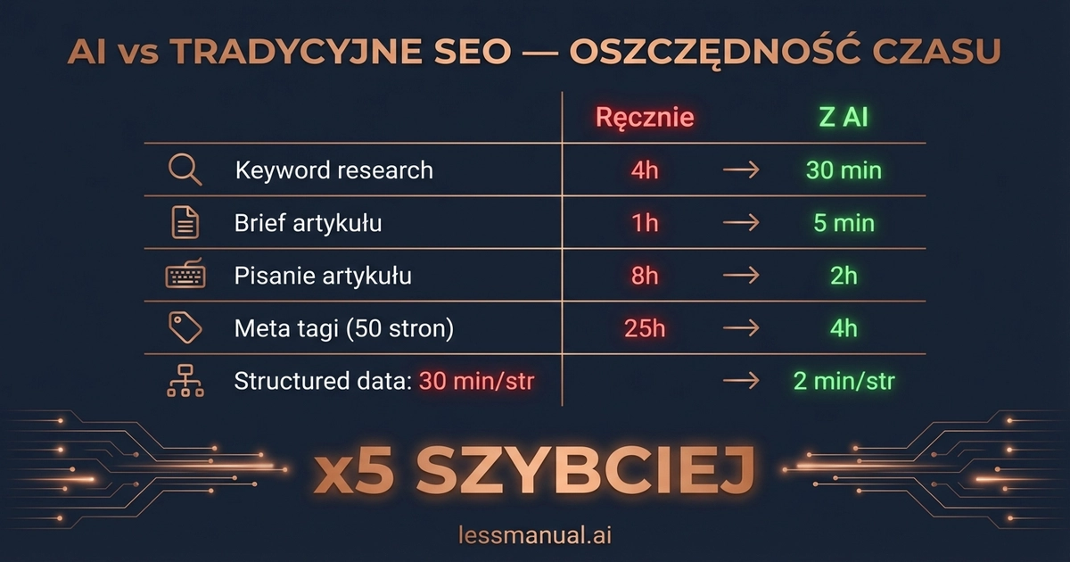 Porównanie czasu pracy: tradycyjne SEO vs SEO z AI — oszczędność 5x na każdym etapie