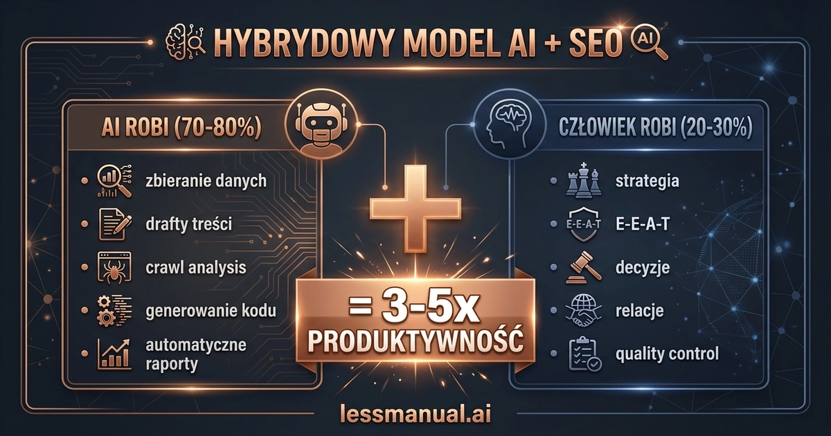 Hybrydowy model AI + SEO — podział zadań między AI (70-80%) i człowieka (20-30%)
