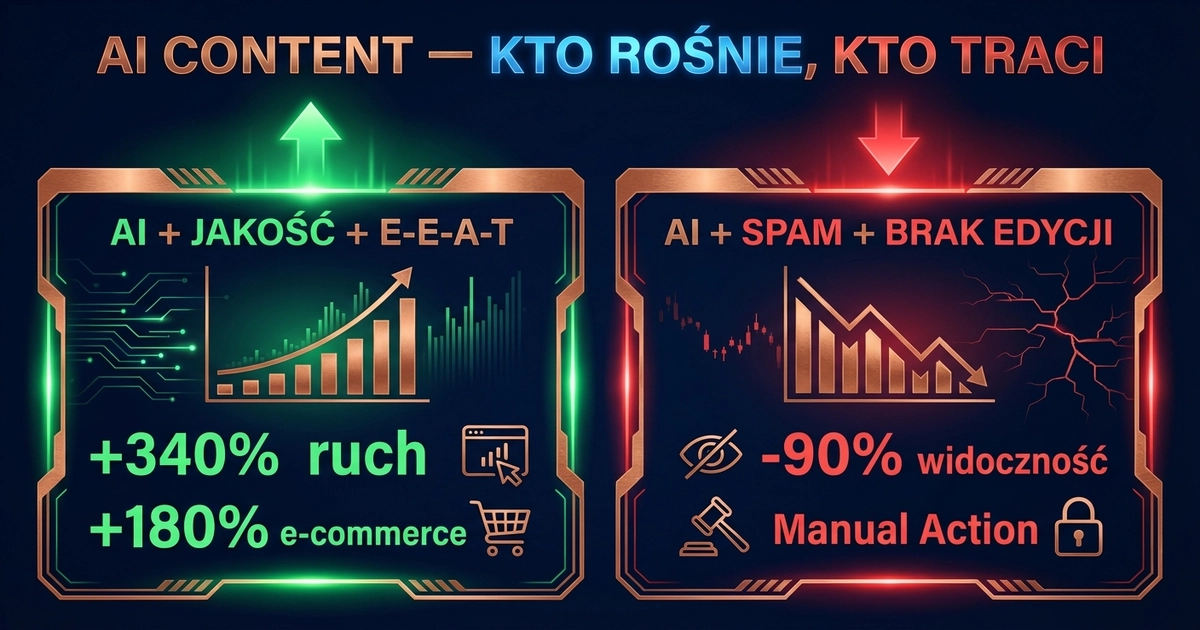 AI content — firmy które rosną (+340% ruch) vs firmy które tracą (-90% widoczność)