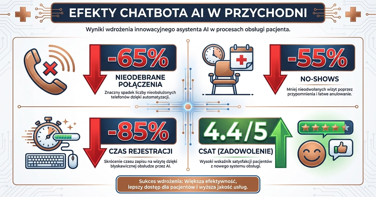Efekty wdrożenia chatbota AI w przychodni - spadek nieodebranych połączeń o 65% i no-shows o 55%
