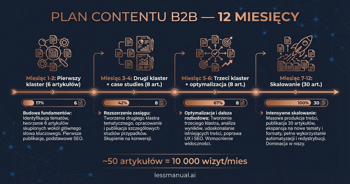 Plan contentu B2B na 12 miesięcy — od pierwszego klastra do 50 artykułów i 10 000 wizyt