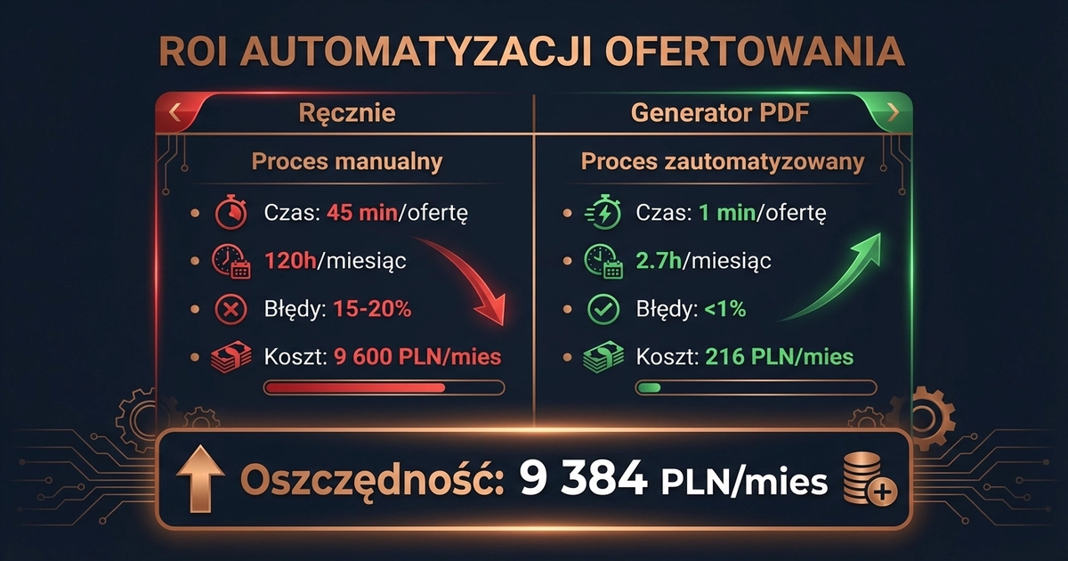 ROI automatyzacji ofertowania — porównanie kosztów ręcznego tworzenia ofert vs generator PDF