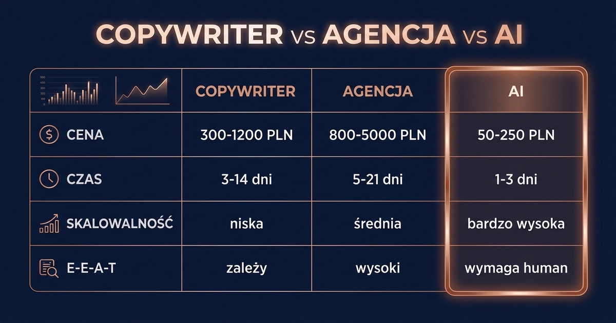 Porównanie copywriter vs agencja vs AI — cena, czas realizacji, skalowalność artykułów SEO