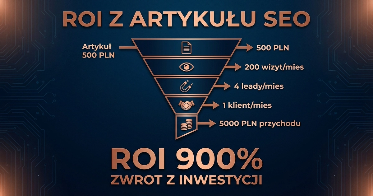 Kalkulator ROI artykułu SEO — od 500 PLN inwestycji do 5000 PLN przychodu miesięcznie, ROI 900%