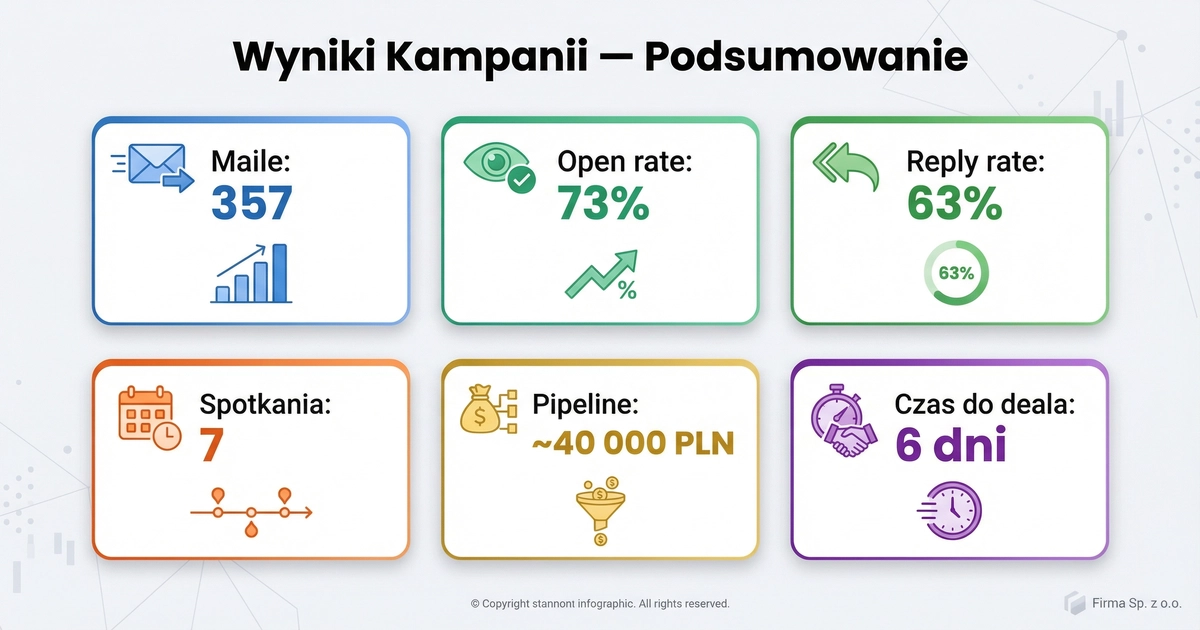 Dashboard wyników kampanii cold email AI - open rate 73%, reply rate 63%, 7 spotkań