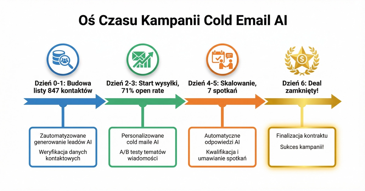 Oś czasu kampanii cold email AI - od dnia 0 do zamknięcia deala w 6 dni