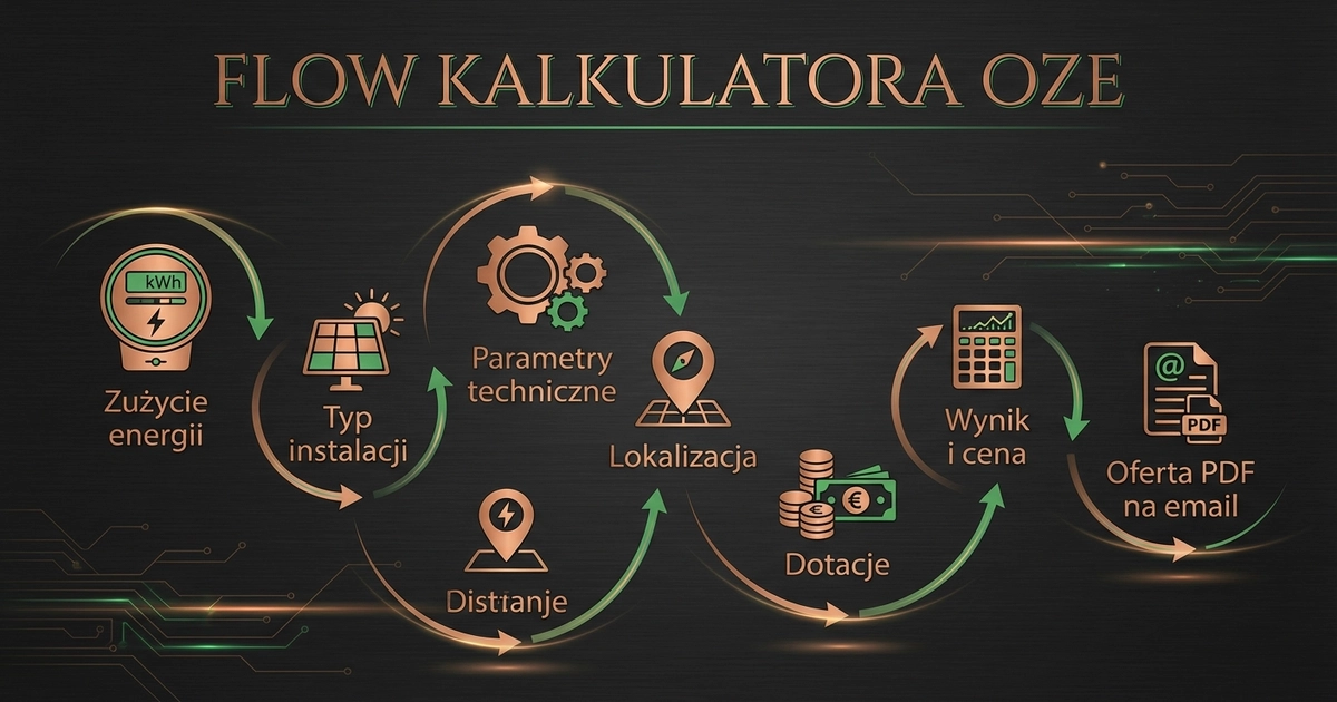 Flow kalkulatora wycen OZE — 7 kroków od zużycia energii do oferty PDF na email