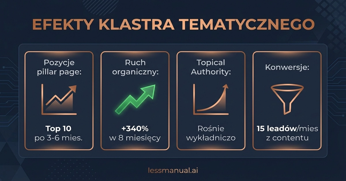Dashboard z efektami klastra tematycznego — wzrost pozycji, ruchu organicznego i konwersji