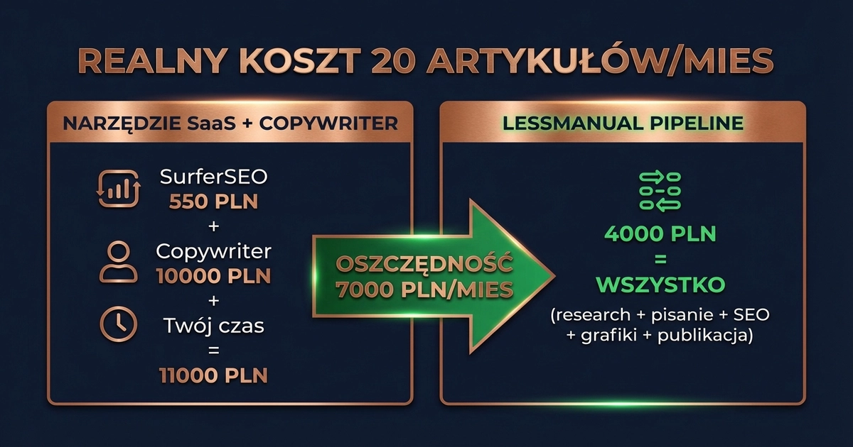 Realny koszt 20 artykułów miesięcznie — narzędzie SaaS + copywriter 11 000 PLN vs LessManual pipeline 4 000 PLN