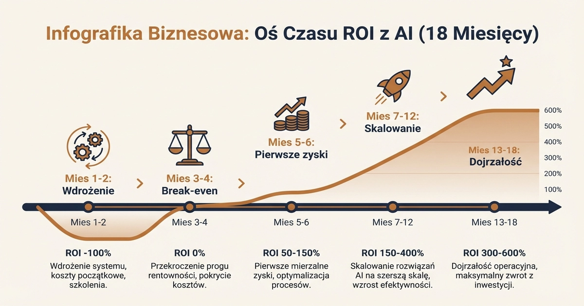 Oś czasu ROI z AI — od wdrożenia do 600% zwrotu w 18 miesięcy